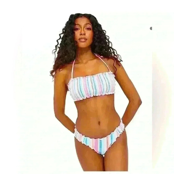 Ardene Ruched Strappy Bikini top and bottom multicolour White Blue Pink size S - Picture 1 of 8